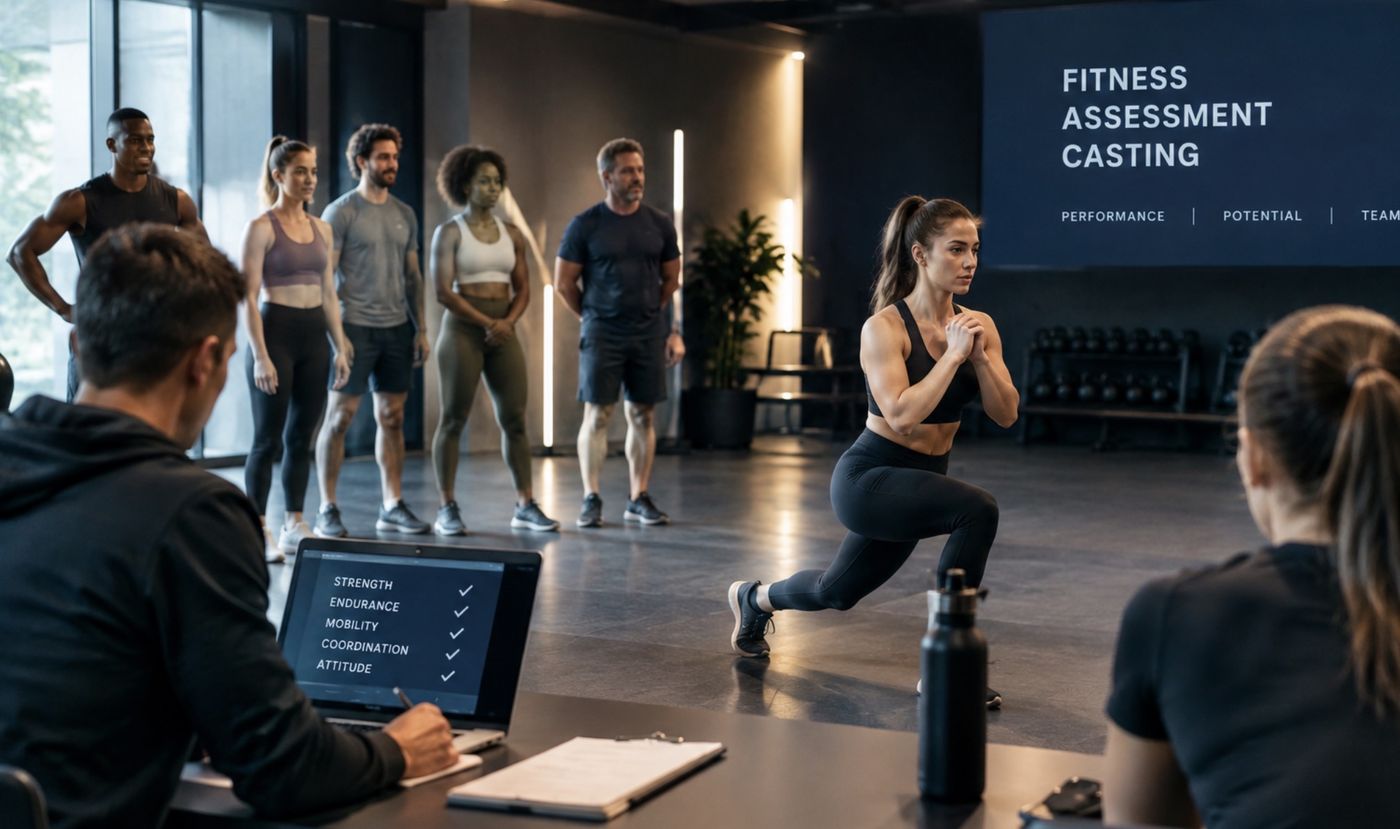 A BNFx casting: a candidate demonstrates a movement in front of the selection team