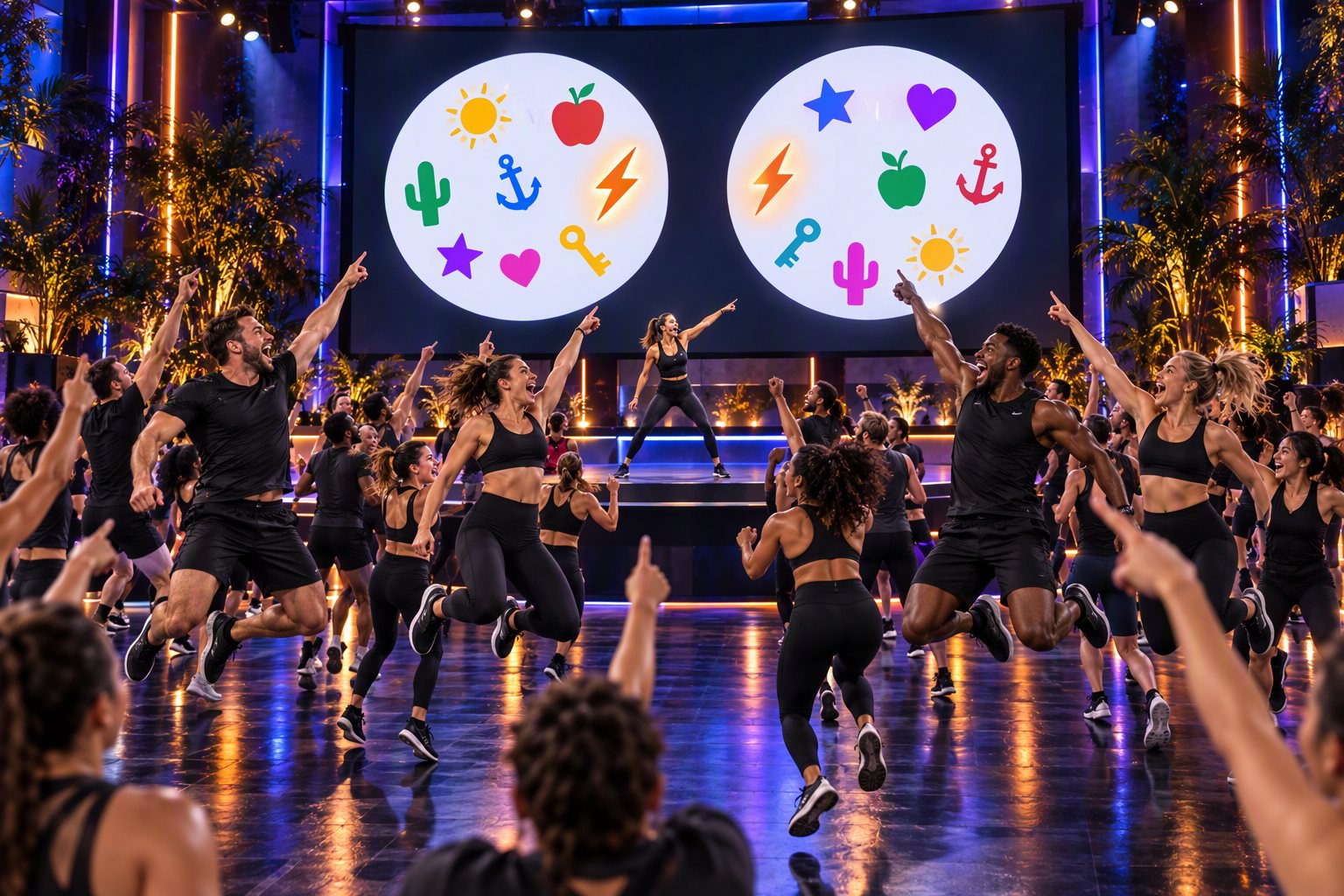 A BNFx Energy class jumping and pointing at the one symbol two cards share on the giant screen