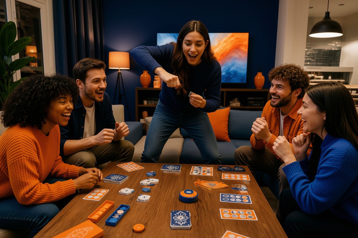Friends laughing around a quick reaction card game at home