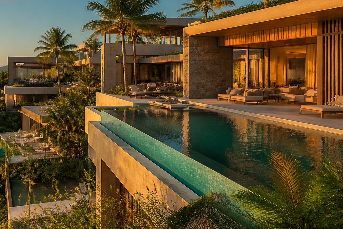 A luxury resort with an infinity pool above the sea