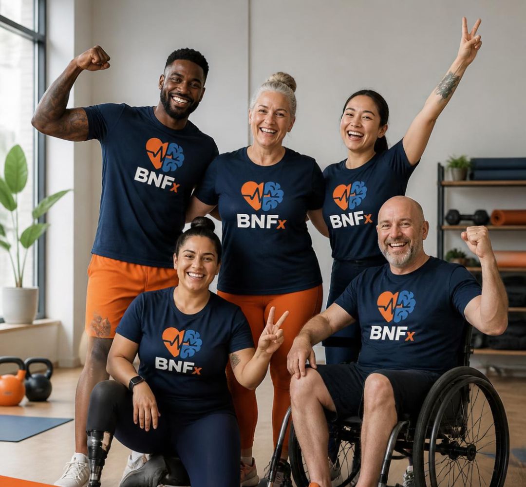 A diverse group in BNFx t-shirts, including a wheelchair user and a person with a prosthetic leg