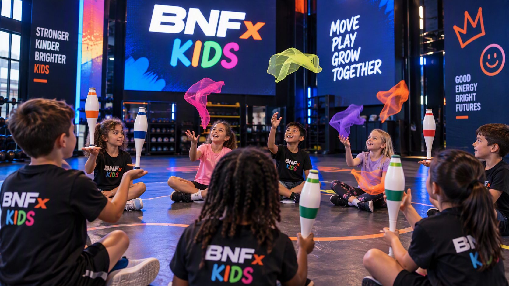 BNFx Kids: children in a circle juggling scarves and balancing clubs