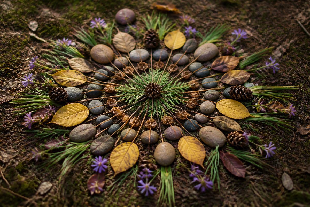 A mandala made of leaves, stones and flowers