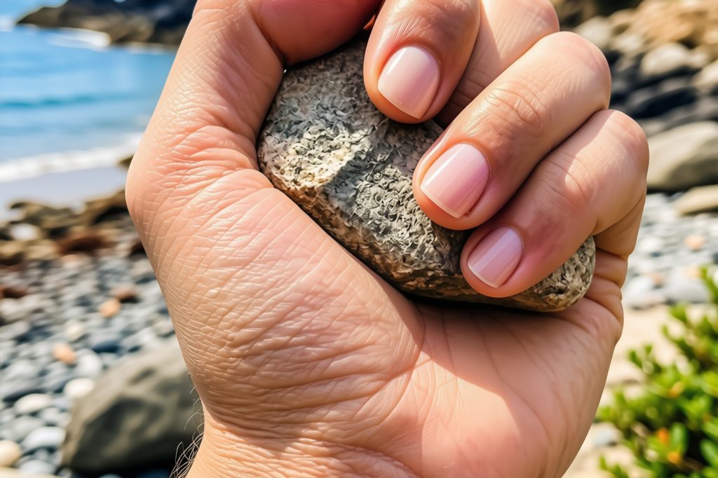A hand holding a stone by the sea
