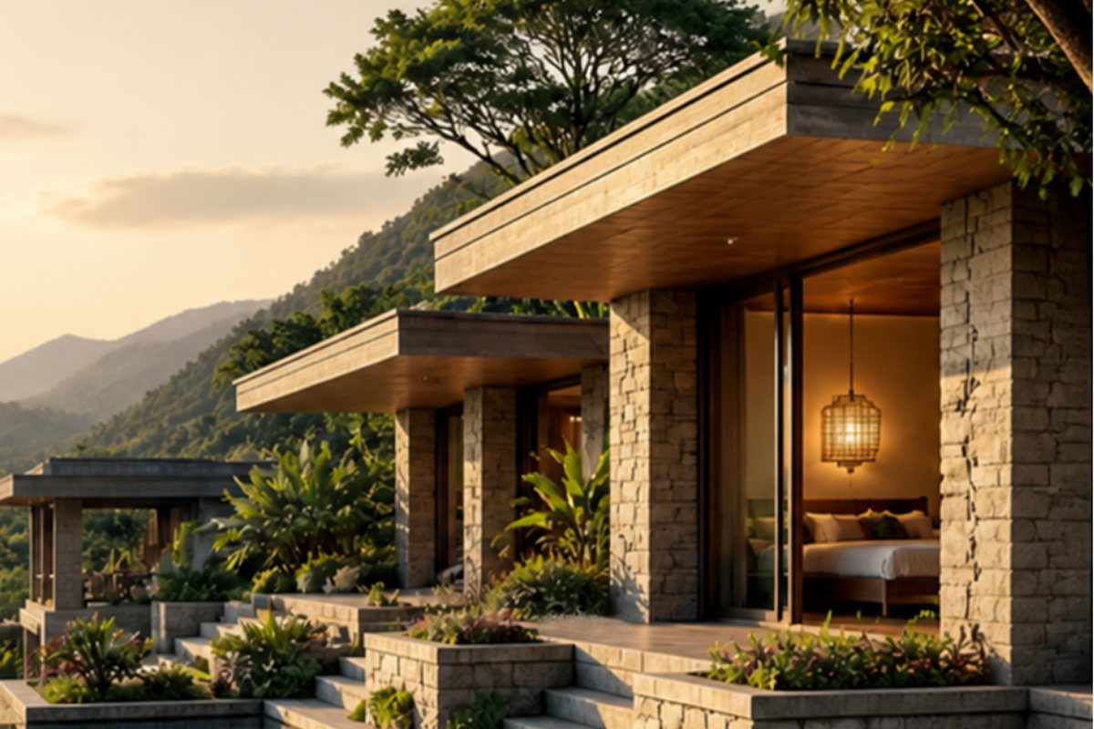 A retreat centre with stone villas and an infinity pool in the hills